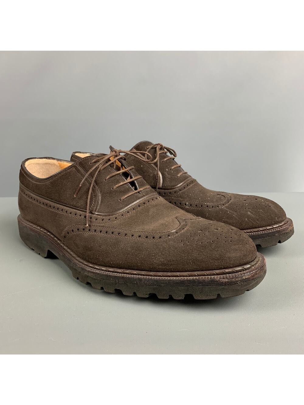 A.TESTONI Size 7.5 Brown Perforated Suede Wingtip Lace Up Shoes